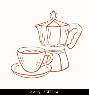 Moka pot with coffee cup and saucer in hand drawn line art style. Kitchenware set, morning beverage concept. Vector illustration isolated on white Stock Vector