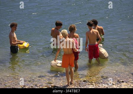 Young people standing in the water of a lake, holding inflatable objects, urban bathing, Rhine, leisure activity, bathing, relaxing, enjoying the sun Stock Photo