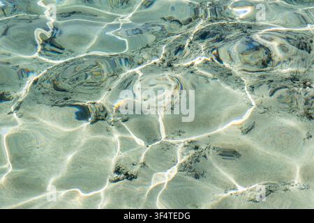 Clear, shallow sea water with sunlight refractions and caustics patterns on a rippled sandy seabed with underwater rocks and seaweed. Ayfilon beach Stock Photo