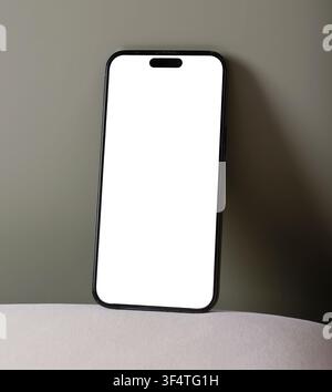 Smartphone mockup with blank white screen on a minimalist background. Vertical mobile phone in a clean studio setup with copy space. Ideal for app des Stock Photo