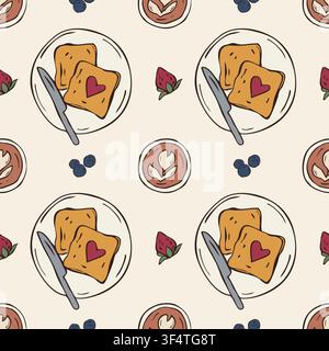 Hand drawn breakfast toast with heart jam and coffee seamless pattern vector doodle illustration Stock Vector