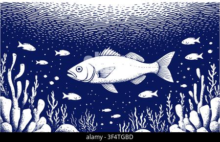 Fish in the ocean water column, sketch. Vector illustration. The drawing of the seabed with algae and corals is isolated on a white background. Seafoo Stock Vector