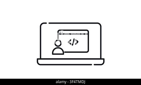 Laptop with user profile and web code symbol on screen vector icon. Black line art style on white background. Mobile software development, remote prog Stock Vector