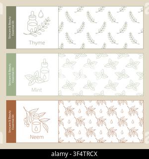 Natural Essential Oil Labels and Seamless Botanical Patterns for Skincare and Beauty Products Stock Vector