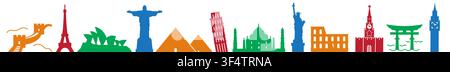 Panoramic vector collage for world famous sighseeings Stock Vector