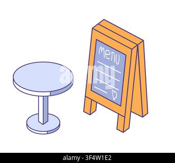 Outdoor cafe with small round table and chalkboard sign displaying menu. Flat vector illustration for street dining, coffee shop Stock Vector