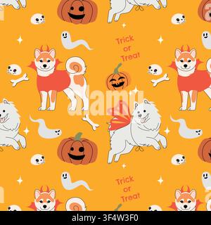 Seamless Halloween pattern with cute dogs in devil and butterfly costumes, smiling pumpkins, ghosts, skulls, bones, sparkling stars and Trick or Treat Stock Vector