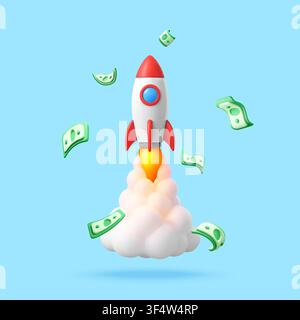 3D Rocket launching with floating money bills. Stock Vector