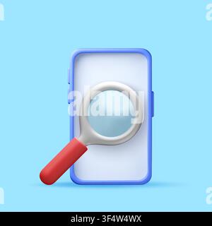 Magnifying glass over mobile phone screen as 3d Stock Vector