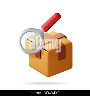 3D Magnifying glass over cardboard box. Stock Vector
