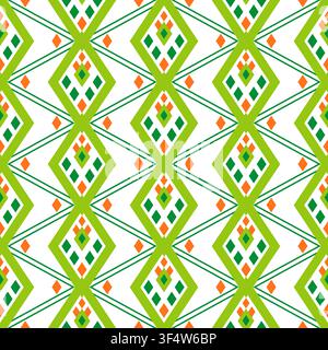 Geometry ethnic seamless pattern. Mosaic ornament of rhombuses. Green orange on white background Stock Vector