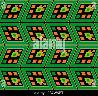 Geometrical seamless pattern from rhombuses. Dark bright background. Green orange motifs on black Stock Vector
