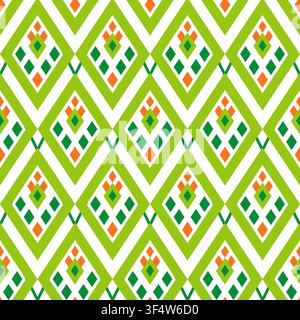 Geometric ethnic seamless pattern. Ornament of rhombuses. Green orange motifs on white background Stock Vector