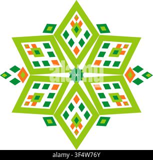 Holiday geometric ornamental illustration. Hexagonal ethnic ornament of rhombuses. Green orange star Stock Vector