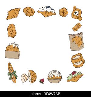 Hand drawn bakery products square frame vector doodle illustration Stock Vector