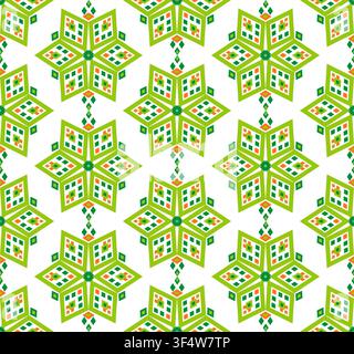 Holiday seamless pattern. Winter pattern of green orange snowflakes on transparent background Stock Vector