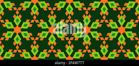 Holiday geometric seamless pattern. Winter ornament of green orange snowflakes on dark background Stock Vector