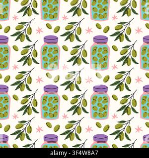 Cute hand drawn seamless vector pattern featuring glass jars filled with green olives and olive branches on light cream background for packaging. Stock Vector