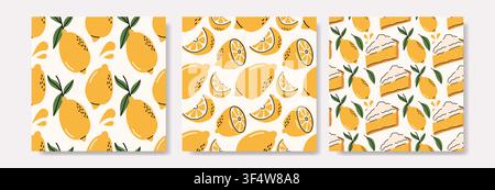 Set of three cute hand drawn seamless vector patterns with lemons, fruit slices, green leaves, and lemon pie slices on light off white background. Stock Vector