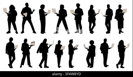 Silhouette of diverse business people using laptop Stock Vector