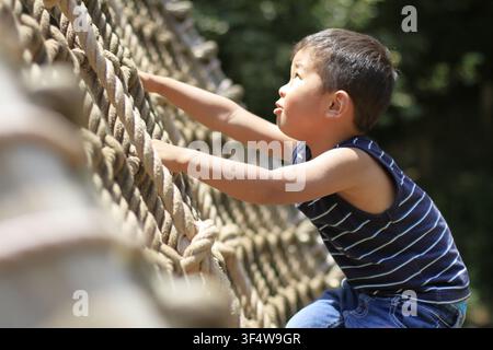 Japanese boy playing with rope ladder (3 years old) Stock Photo