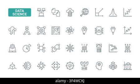 Data science symbols for analytics, machine learning, cloud computing, statistics, neural networks and predictive modeling workflows black line icons set vector illustration Stock Vector