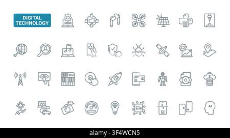 Digital technology symbols featuring smart devices, automation, connectivity, security, robotics and renewable energy for futuristic interface design red black line icons set vector illustration Stock Vector