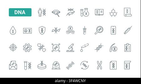 DNA genetics symbols for genome research, molecular biology, sequencing, laboratory testing and hereditary science in medical innovation black line icons set vector illustration Stock Vector