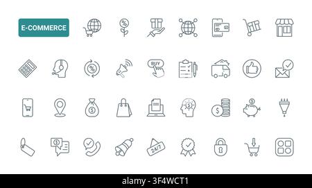 E commerce symbols covering online shopping, payment, delivery, discounts, mobile checkout and customer service for retail platforms and digital stores black line icons set vector illustration Stock Vector