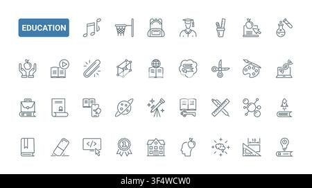 Academic learning symbols for school study, classroom subjects, science, art, reading and student achievement in educational resources and teaching materials black line icons set vector illustration Stock Vector