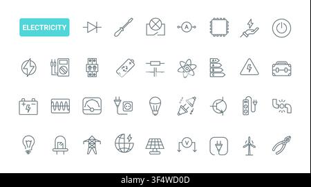 Electricity and electrical engineering symbols covering power supply, circuits, energy devices, tools and household current systems black line icons set vector illustration Stock Vector