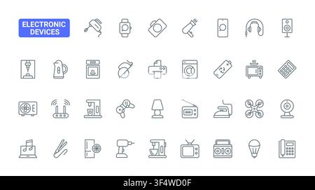 Electronic devices and household technology symbols featuring appliances, audio gear, communication tools and smart home equipment for digital lifestyle themes black line icons set vector illustration Stock Vector