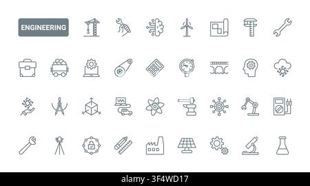Engineering symbols for industrial design, construction, energy, robotics and technical innovation workflows across manufacturing and research black line icons set vector illustration Stock Vector
