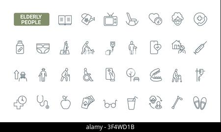 Healthcare and daily living symbols for elderly people, covering senior care, mobility support, medicine, wellness, home assistance and aging services black line icons set vector illustration Stock Vector