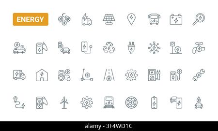 Clean energy and electric mobility symbols covering charging stations, batteries, vehicles, recycling, solar power and smart transport systems black line icons set vector illustration Stock Vector