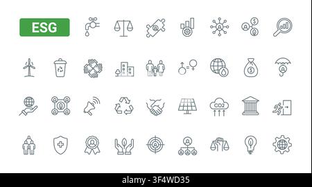 ESG sustainability and corporate responsibility symbols covering environment social governance ethics diversity recycling energy finance and compliance black line icons set vector illustration Stock Vector