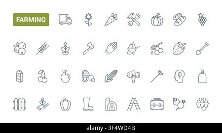 Agriculture farming symbols showing crops, fruit, tools, tractor, barn harvest elements for rural food production, organic cultivation and agribusiness themes black line icons set vector illustration Stock Vector