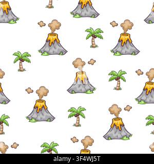 A vector seamless pattern featuring volcanoes and palm trees Stock Vector