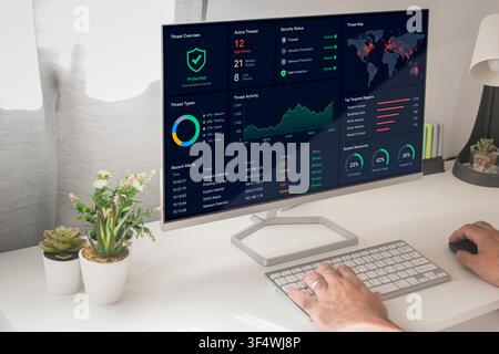Hands use a keyboard and mouse beside a monitor displaying active threats, firewall status and global attack data in a bright home office. Stock Photo