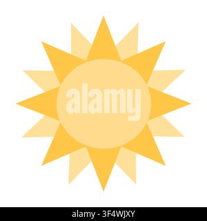 Vector illustration of a stylized sun with pointed rays in light and dark yellow. Geometric sun icon for summer vacation, weather forecast, and branding. Stock Vector