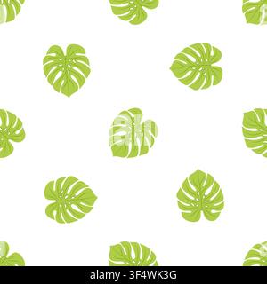 Seamless vector pattern with green monstera leaves on white background. Tropical botanical repeat for textile, wallpaper, packaging and print. Stock Vector