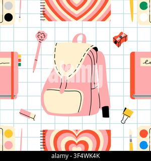 Cute Pink School Backpack Seamless Pattern Stock Vector
