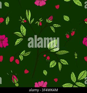 Vector seamless pattern with wild rose hips, flowers, and leaves. Dark green botanical background for herbal tea packaging, cosmetics, and fabric. Stock Vector