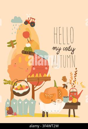 Still Life With Cartoon Trees, Harvest Pumpkin and Autumn Elements Stock Vector
