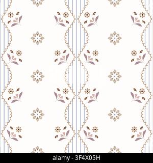 Graceful seamless stripe pattern featuring delicate folk-inspired floral sprigs, ornamental medallions Stock Vector