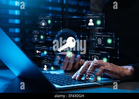Passkey cybersecurity authentication protects digital identity. User accesses encrypted cloud data, passwordless login, biometric verification, device Stock Photo