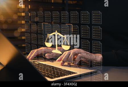 Legal compliance document review uses digital checklists and balanced justice scales. law firm works on laptop for contract auditing, regulatory Stock Photo