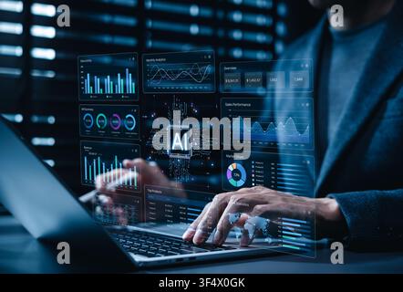 AI data analytics and business intelligence dashboard helps analyze revenue, sales performance, market share, customer growth, and global statistics Stock Photo