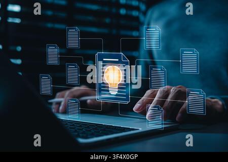 Knowledge management and document insight concept showing connected digital files, central idea document, light bulb innovation, content organization, Stock Photo