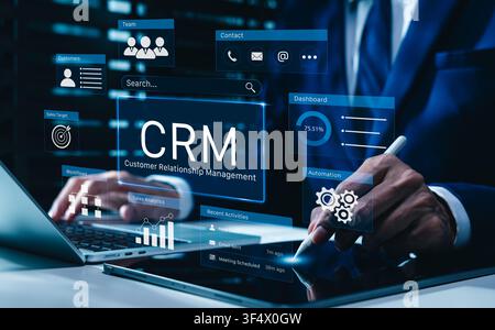 CRM customer relationship management system technology. Businessman using CRM software, customer database dashboard, sales analytics, automation work Stock Photo